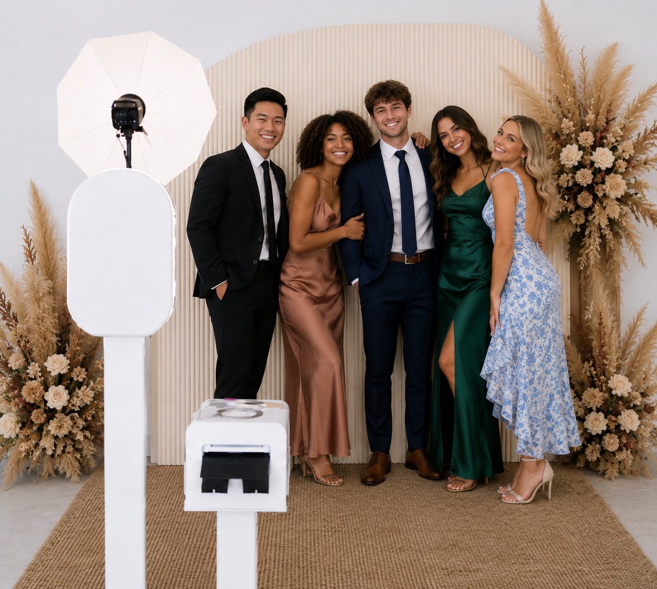 Well-dressed guests posing at the Something Clicked open-air photo booth