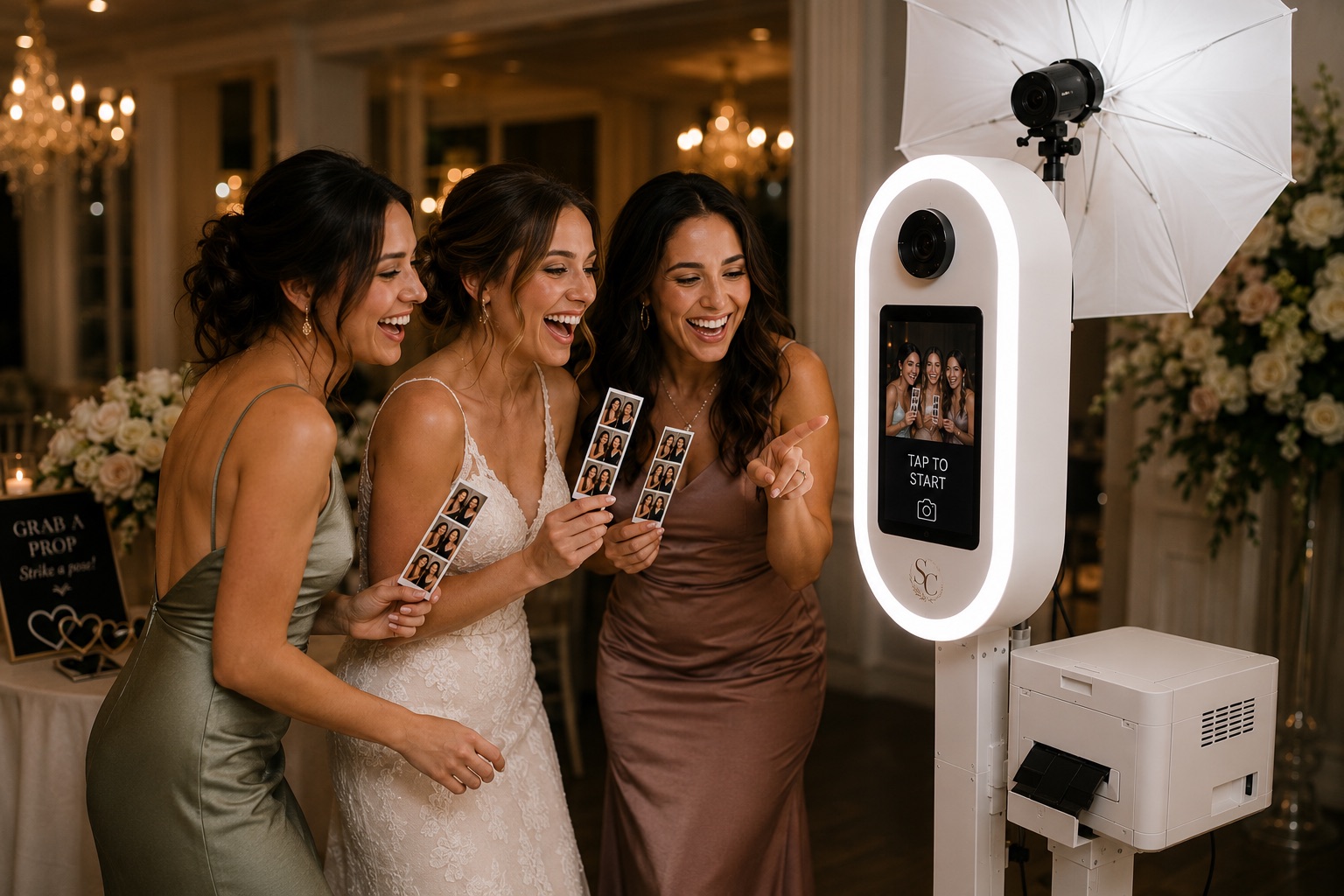 Guests holding photo strips at the booth