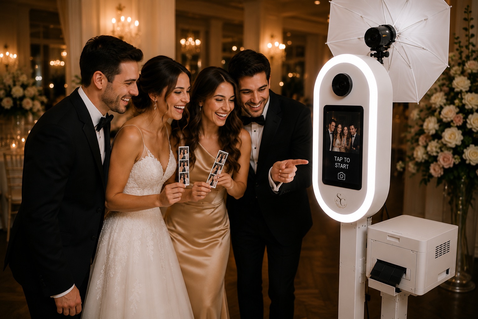 Wedding couple and guests enjoying the Something Clicked photo booth