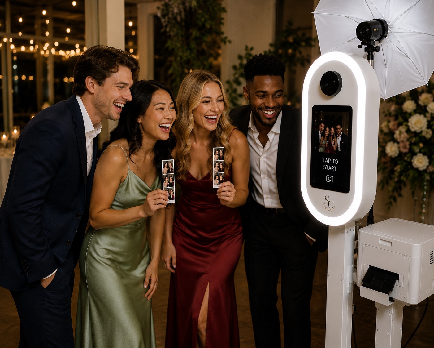 Friends laughing together at the photo booth