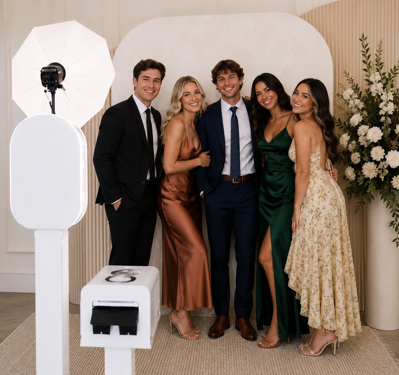 Elegant guests posing at the open-air booth